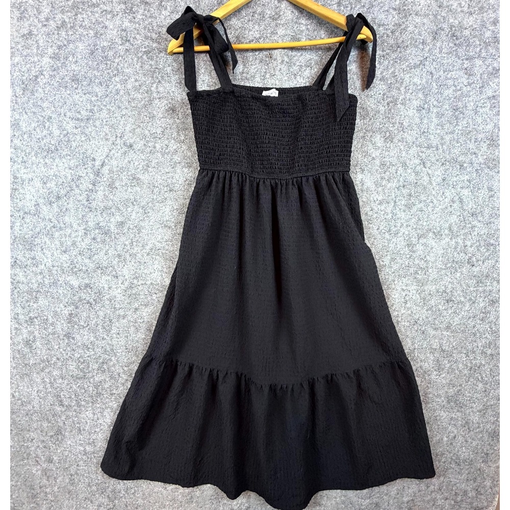 And Now This Midi Dress Womens Large Black Tiered‎ Ruffle Smocked Front Tie